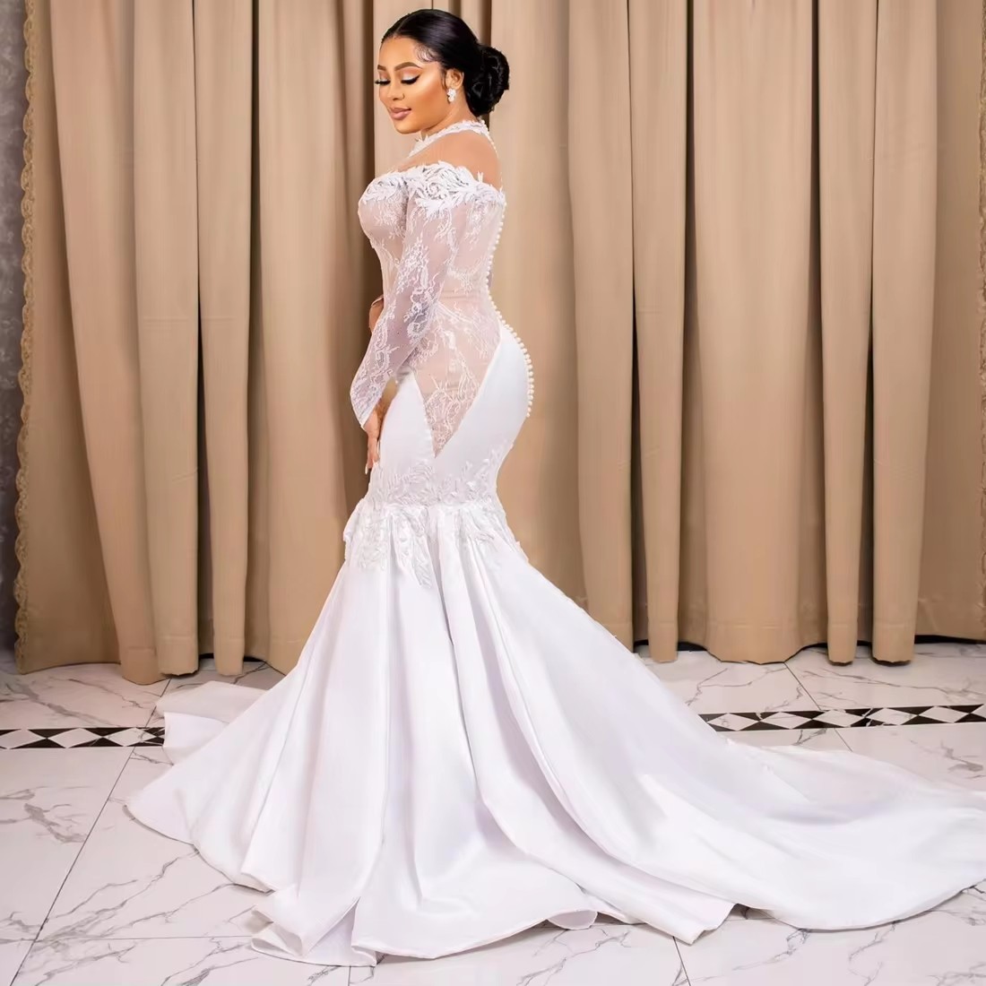 New Style High Neck See Through Lace Wedding Dress for Bride 2025 Robe De Marriage African Long Sleeves Bridal Gowns