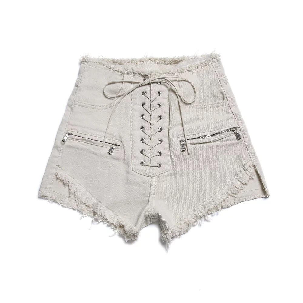 2024 summer new women's high waisted denim shorts with zip ties