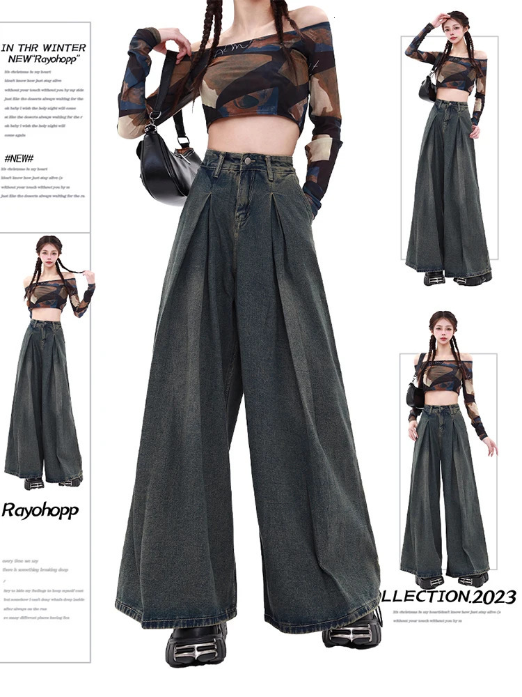 Summer Women Korean Fashion Flare Pleated Mom Jean Y2k Japanese Bell Bottoms Denim Pants Long Trousers 2000s Kpop Goblin Core 240807