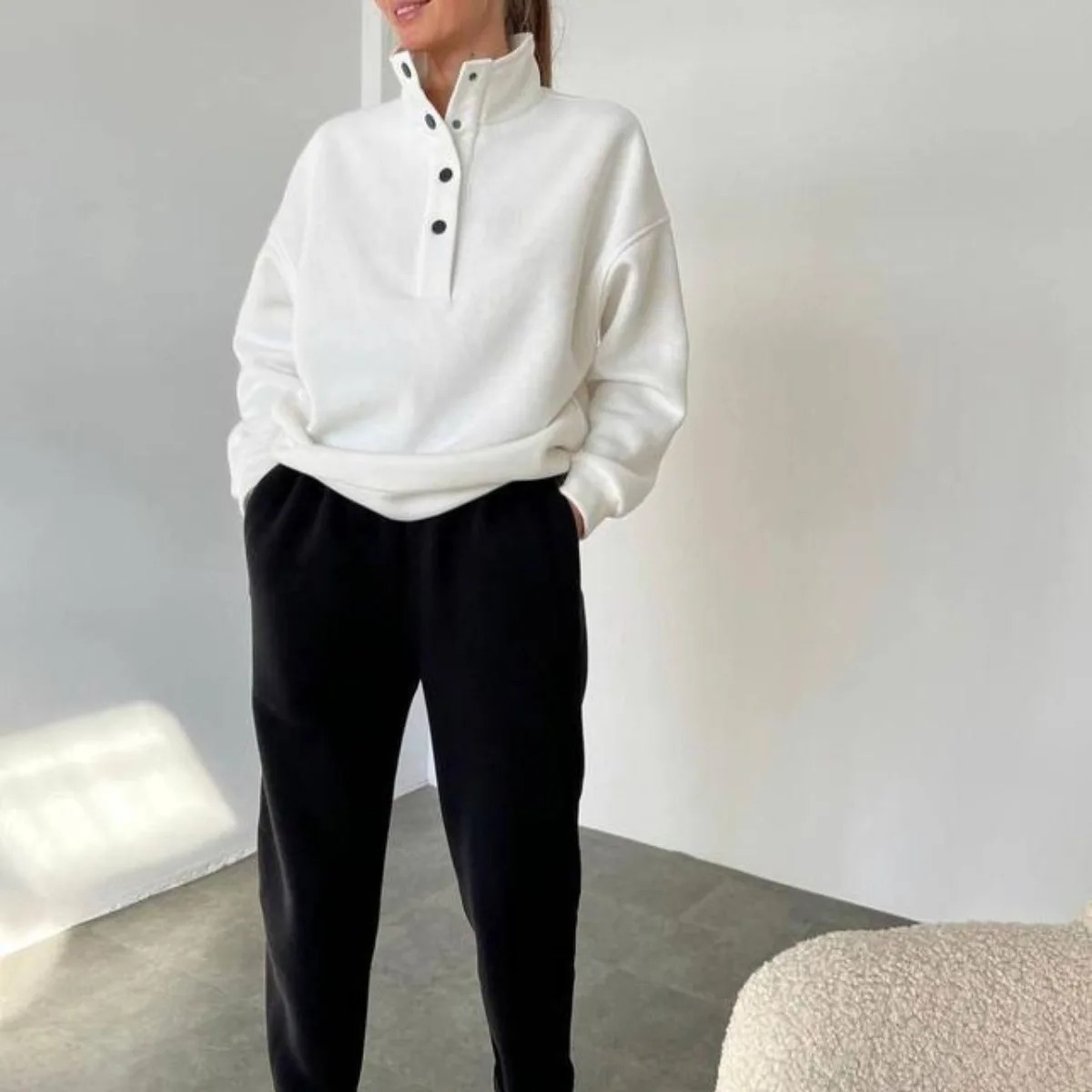 Womens Stand Collar Snap-fastener Tracksuit Autumn Winter Fashion Solid Pants Sets Casual Loose Long Sleeve Women Outfit 240807