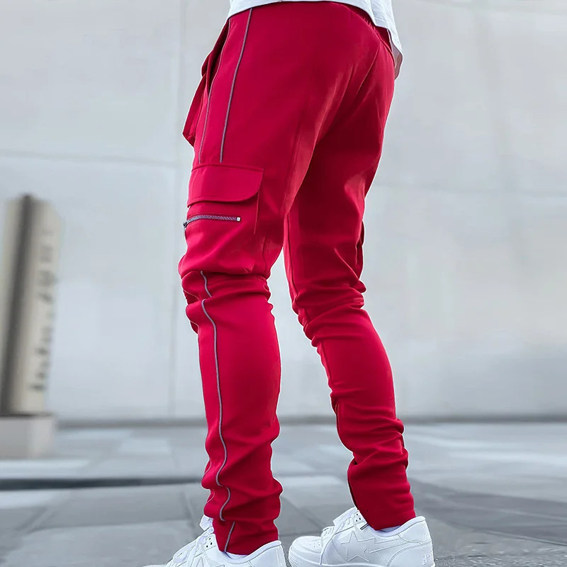 Mens Gym Joggers Cargo Pants MultiPocket Reflect Straight Sports Fitness Casual Clothing Fashion Trousers Sweatpants 240806