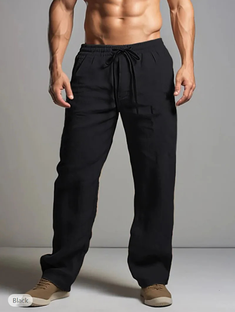 Solid Color Cotton Hemp Pants Drawstring Elastic Waist Straight Leg Breathable Daily Casual Plus Size 240806