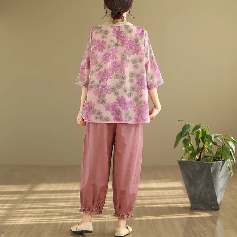 2 Piece Sets Women Casual Pant Suits Arrival Summer Chinese Style Vintage Print Loose Female Tops And Harem Pants B3815 240807