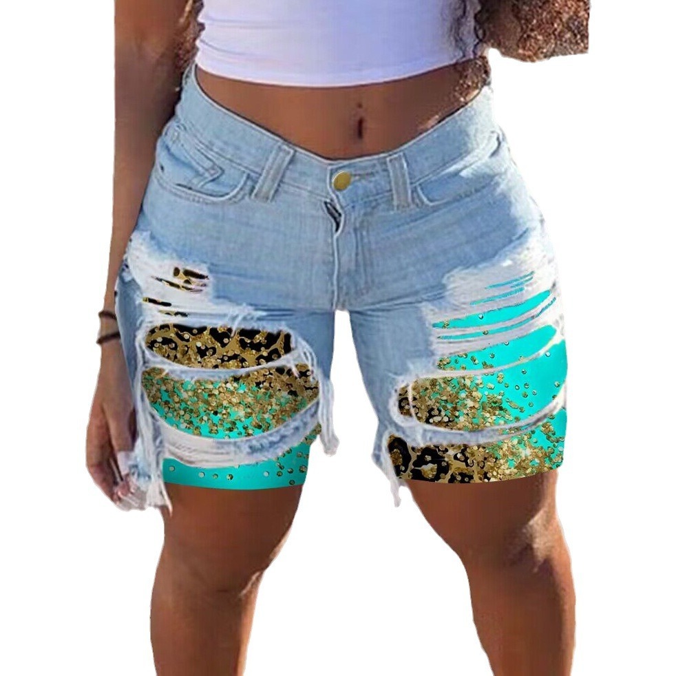 2024 spring/summer new denim with patch fabric, women's personality, street style, perforated straight leg shorts