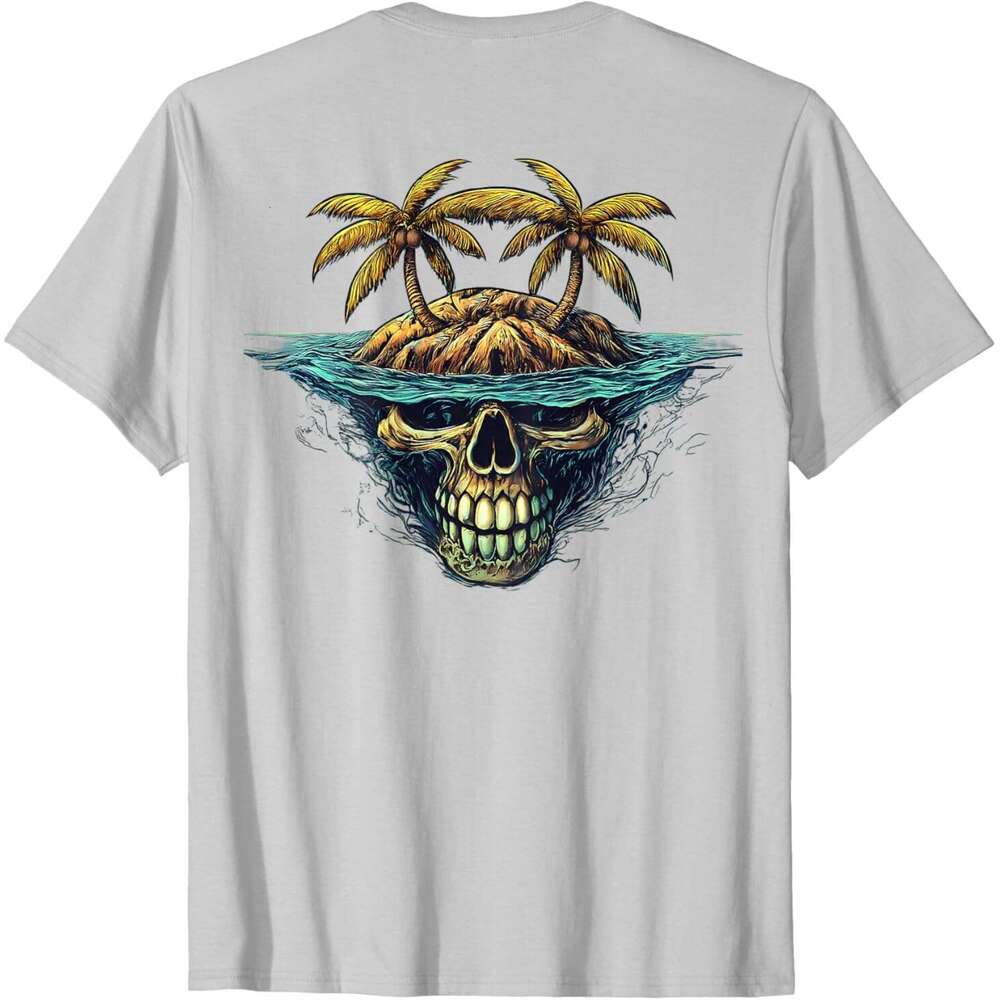 Mens T shirt On Back Cool Island Palm Trees Skull Beach Pirate Nautical T-Shirt shirts tshirt graphic tee Casual tops summer clothes Short sleeve Free