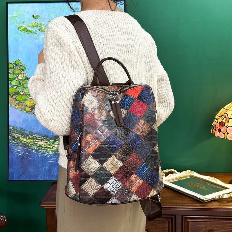 Fashion Plaid Backpack Womens Soft Leather Daypack Large Rucksack Travel Bag 240807