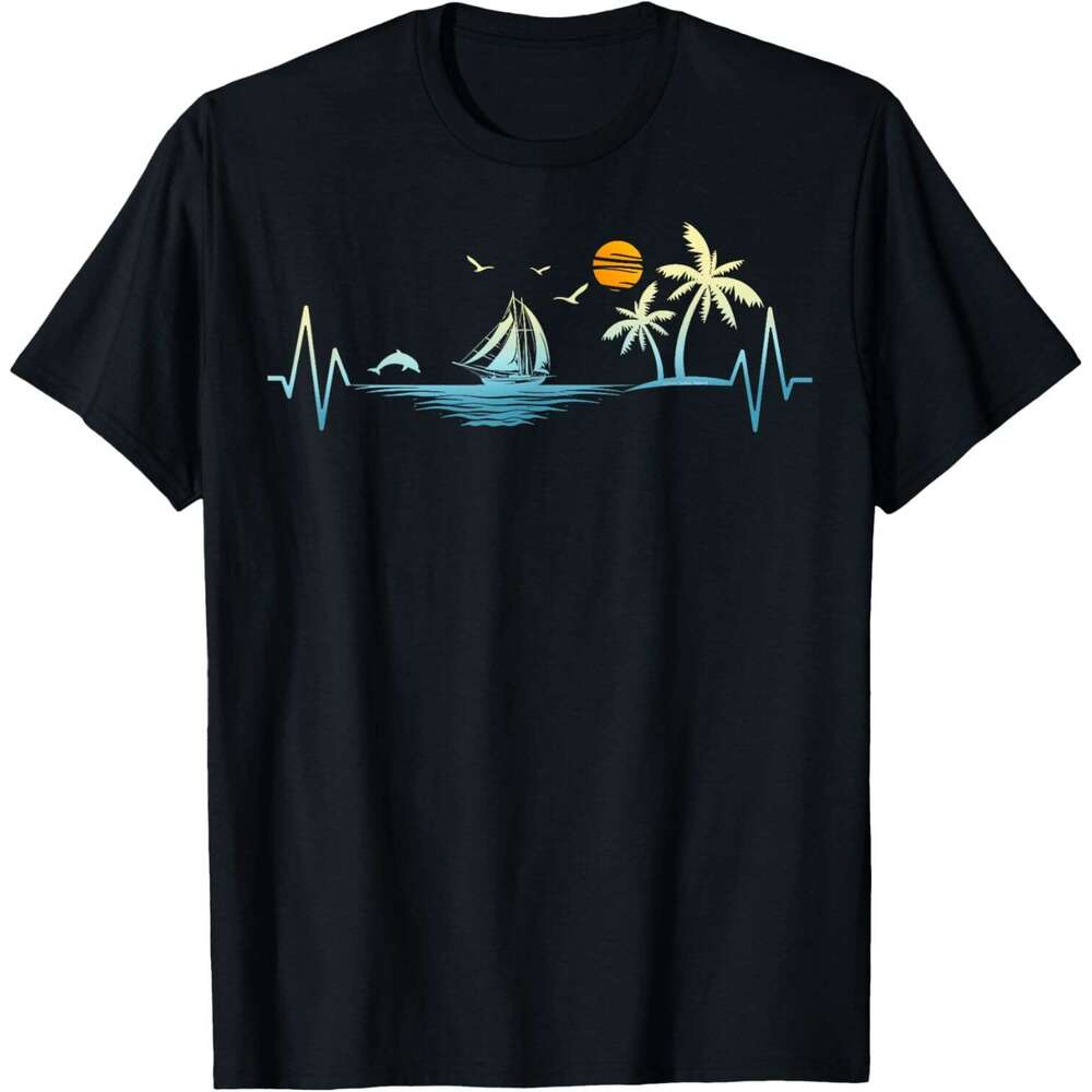 Mens T shirt Heartbeat with Sailboat Tropical Palm Trees Beach Island T-Shirt shirts tshirt graphic tee Casual tops summer clothes Short sleeve