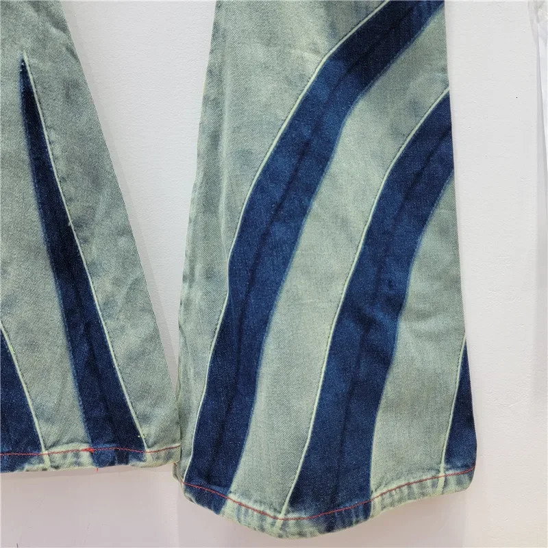 Women Pantalones Fall Waist Split Hollow Out Color Contrast Patchwork Jeans Street Girl Denim Bell-Bottom Pants Y2k 240807