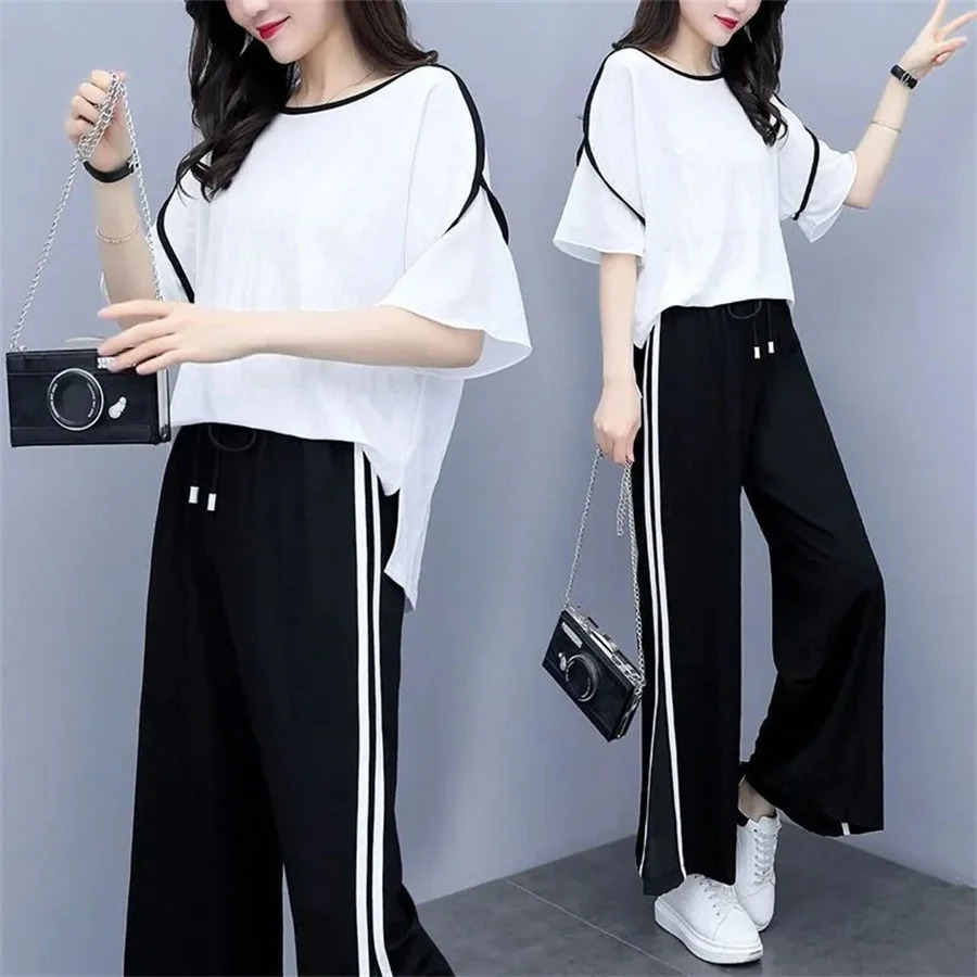 Short Sleeved Wide Leg Trousers Two Piece Set Fashion Loose Casual Sports Suit Women 240807