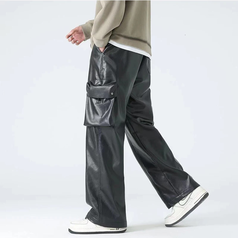 Mens Black Matte Faux Leather Laceup Cargo Pants Male Chic Casual Entertainment Splicing PU Straight Trousers Custom 240806
