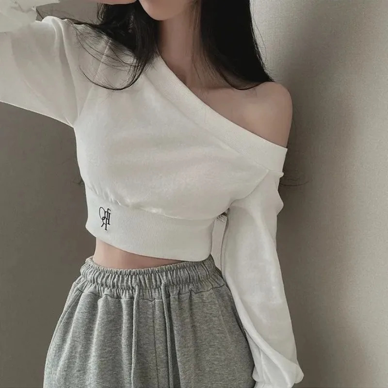 Sexy Slash Neck Off Shoulder Hoodies High Waist Long Sleeve Y2k Streetwear Slim Pullovers Crop Tops Sweatshirts Korean Women 240807