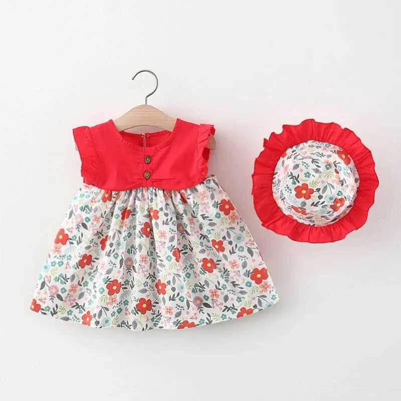 New summer girls floral dress girls sleeveless pure cotton newborn birthday dress with sun hatW240720