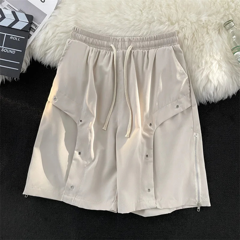 Summer Mens Casual Shorts Side Zipper Cargo Shorts Male Sports Casual Shorts Solid Drawstring Elastic Waist Knee Length Pants 240807