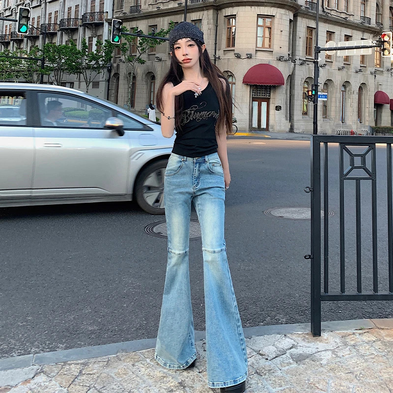 WCFCX STUDIO Vintage Blue Flare Jeans Women High Waist Slim Skinny Jeans Korean Style Street Streetwear Denim Trousers 240807
