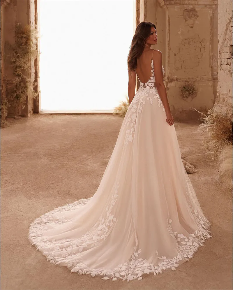 New Sexy Spaghetti Tulle A-line Wedding Dresses Illusion Floral Flowers Appliques Lace Bridal Gowns Sweep Train Princess Vestidos De Novia
