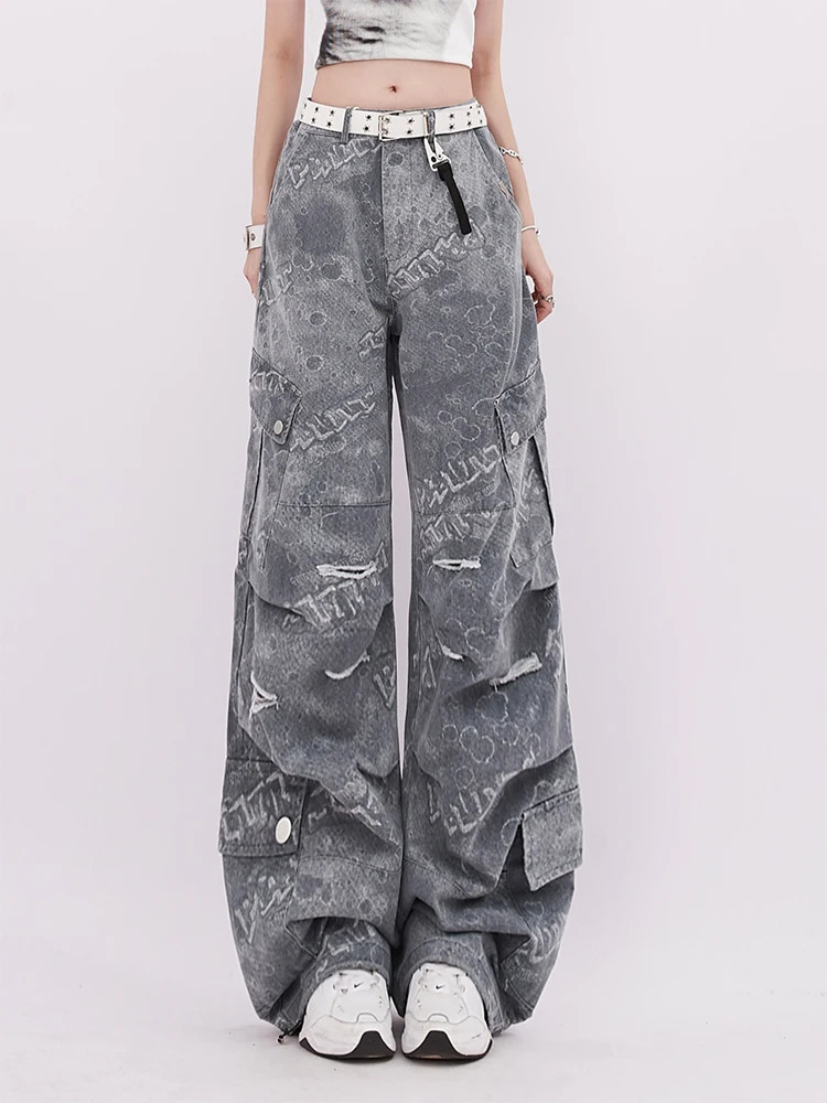 Women Y2k Japanese Streetwear Graffiti Baggy Cargo Denim Pants Long Trousers 2000s Aesthetic Jean Kpop Grunge Goth Dark Academia 240807