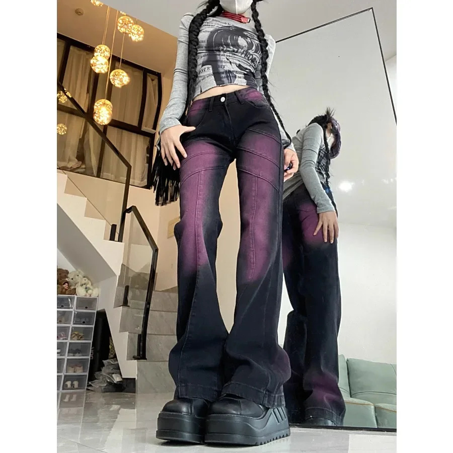 Purple Tie Dye Gradient Women Jeans with Flare Pant Slight Bootcut Bell Bottom Denim Pants y2k high waist fashion elegant cloth 240807
