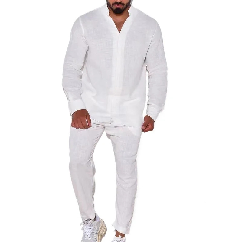 Mens Linen Spring and Autumn Suit Casual Long-sleeved Shirt Fashion Cargo Pants Sports Two-piece Set 240806