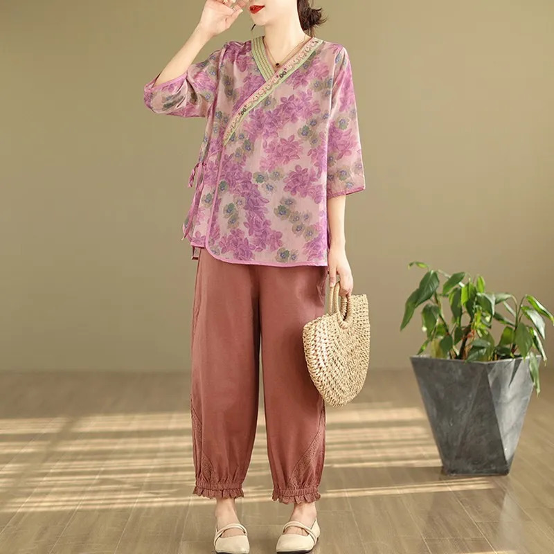 2 Piece Sets Women Casual Pant Suits Arrival Summer Chinese Style Vintage Print Loose Female Tops And Harem Pants B3815 240807