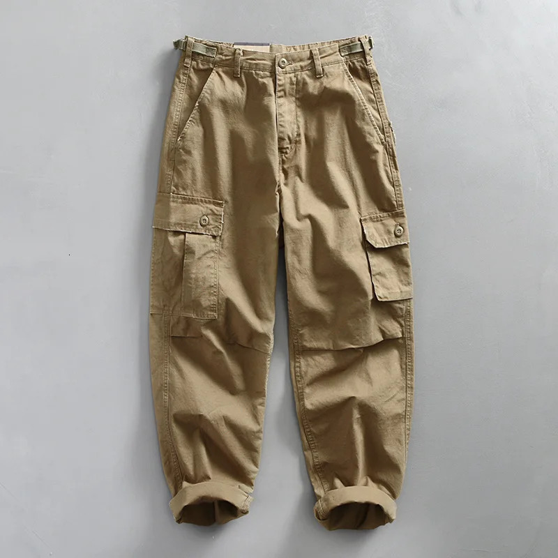 Buckle Back Waist Retro Multi Pockets Workwear Pants Mens Cotton Loose Straight Versatile Casual Distressed Washed Trousers 240806