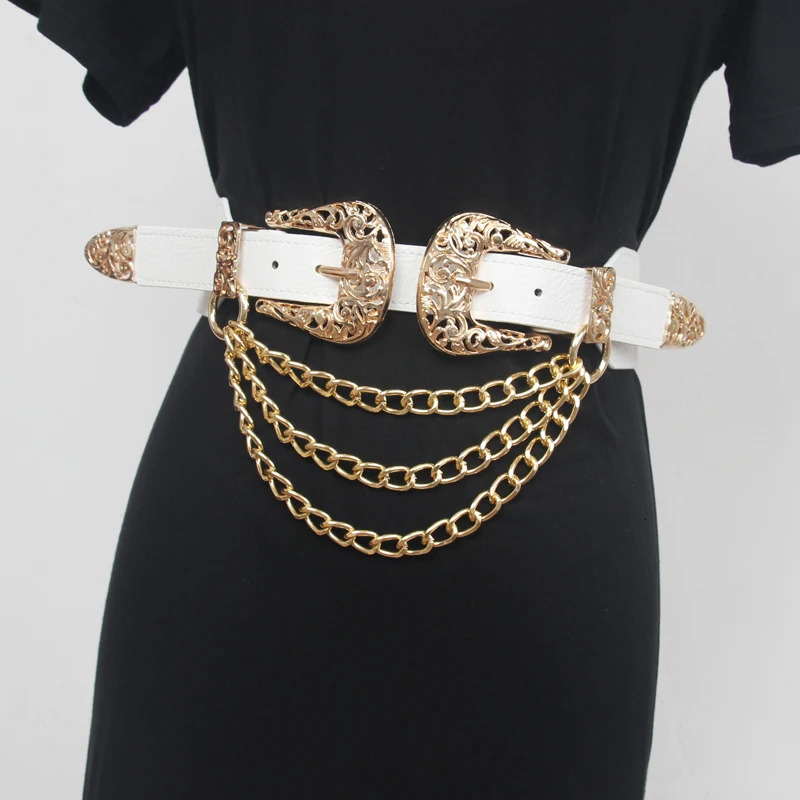 Double Vintage Curving Metal Buckles PU Waist Belt For Women Multi-layer Chain Elastic Corset Dress Waistband240723