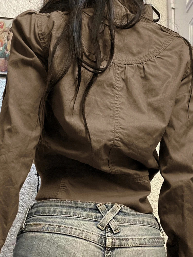 Rockmore Vintage Cropped Jackets for Women Harajuku Casual Slim Fit Zipper Coat Y2K Streetwear Long Sleeve Outerwear Autumn 240807CJ