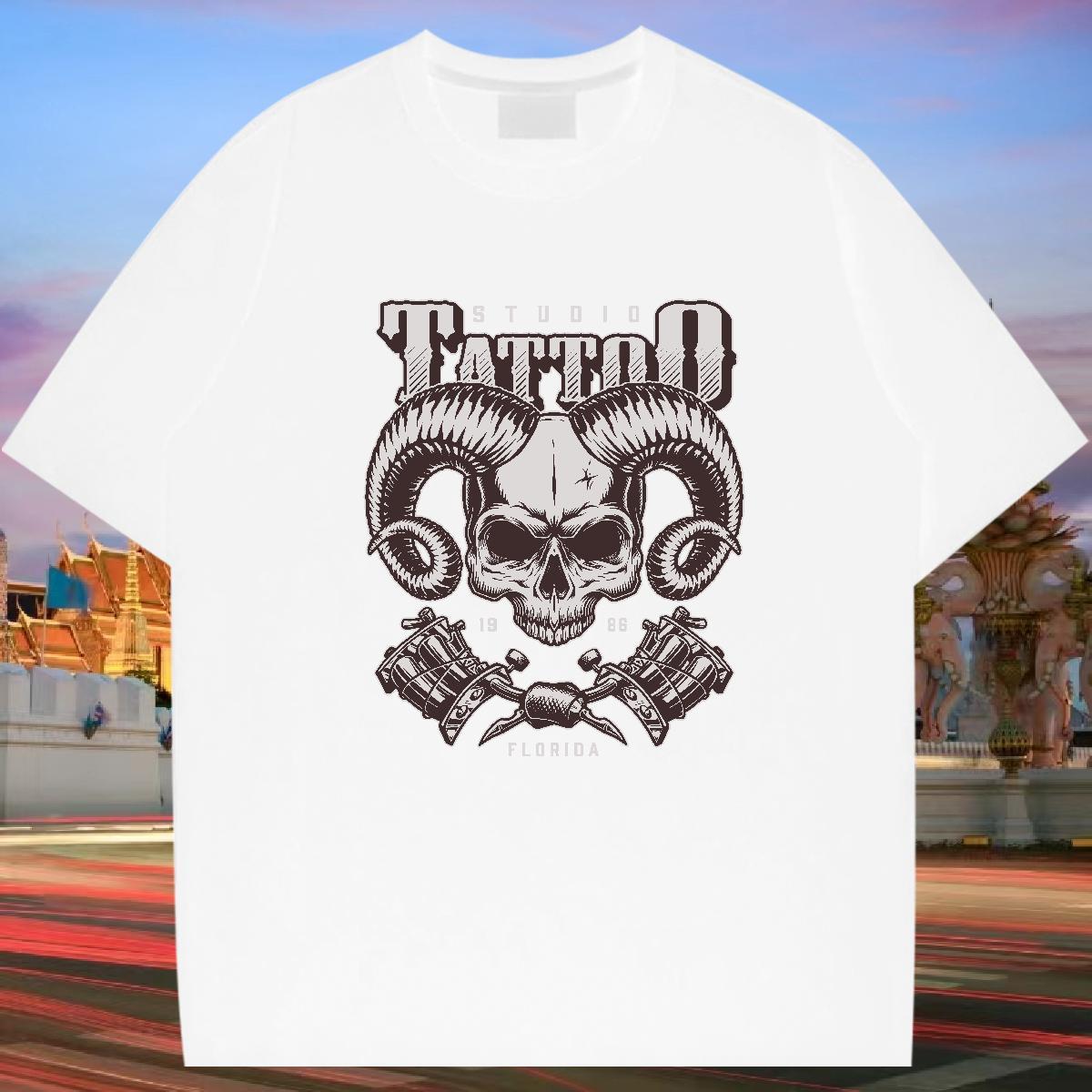 Fashion T Shirt For Man skull Clothings 100% Cotton 230g Daily Outfit Loose DIY Printed Breathable Crew Neck Couples T Shirts