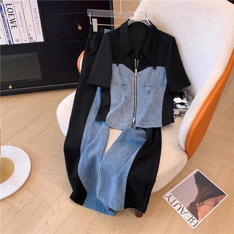 Casual Pant Sets Denim Splicing 2 Pieces Set Summer Polo Collar Zipper Tops High Waist Wide Leg Trousers Women Clothing Suit 240807