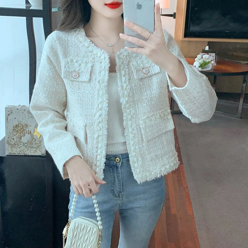 Hdspq Elegant Striped Cropped Jackets Women Autumn Long Sleeve Tweed Jacket Woman Korean Style O Neck Coats Outwear Ladies 240806