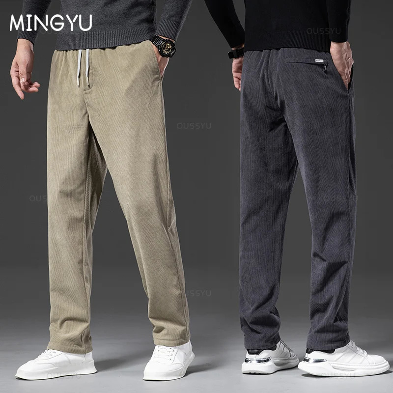 Four Seasons Corduroy Pants Men Drawstring Elastic Waist Business Loose Straight Korea Casual Trousers Male Oversized M5XL 240806