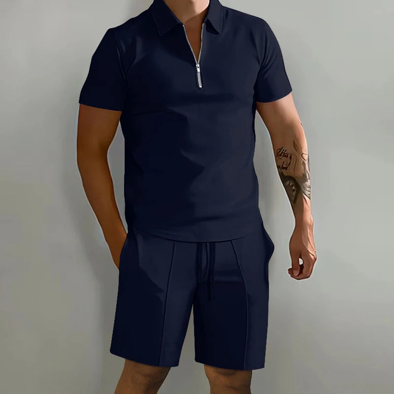 Summer Solid Color Mens Sets High Street POLO Collar Short Sleeve Zip Fastener Pullovers Elastic Waist Pockets Y2K Shorts 240806