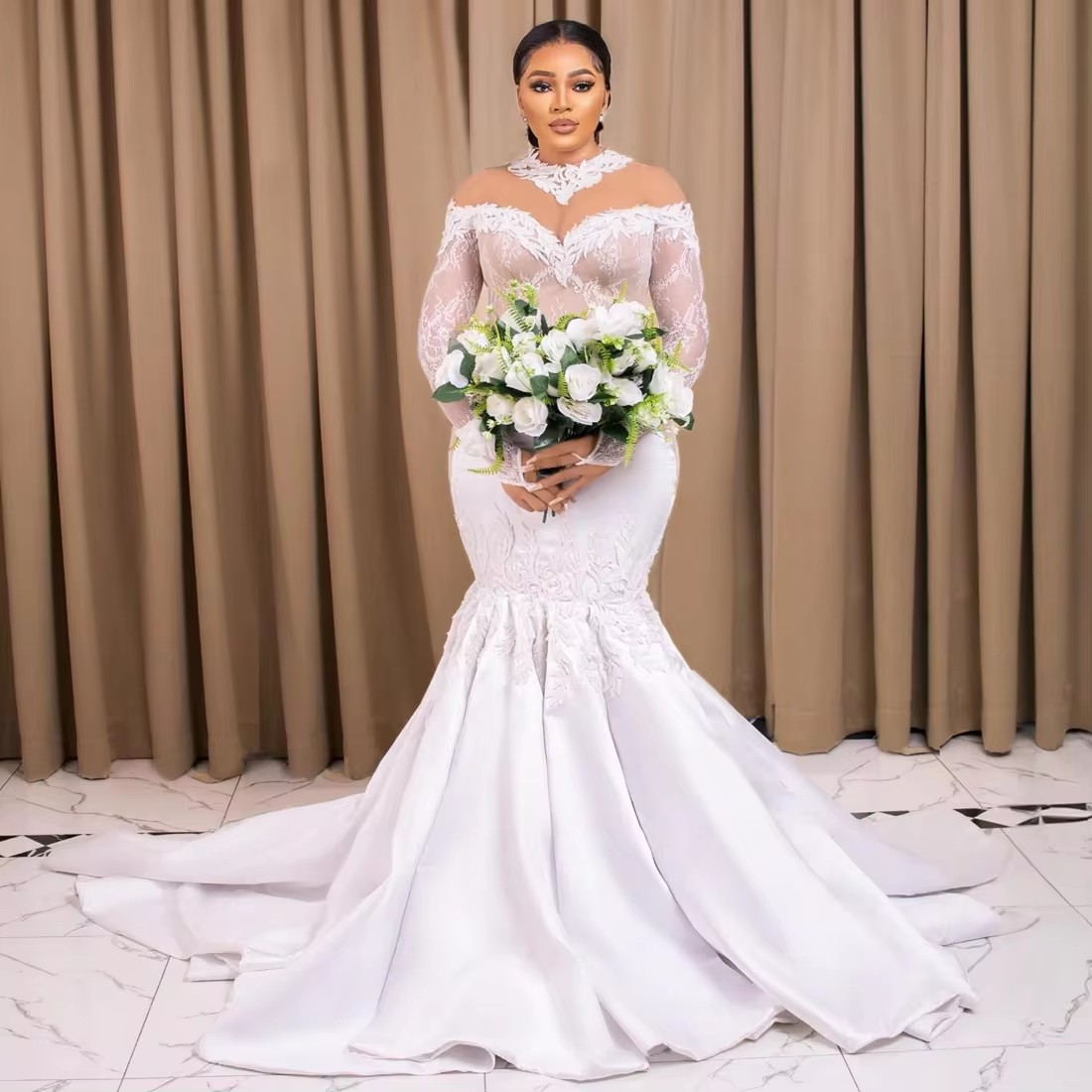 New Style High Neck See Through Lace Wedding Dress for Bride 2025 Robe De Marriage African Long Sleeves Bridal Gowns