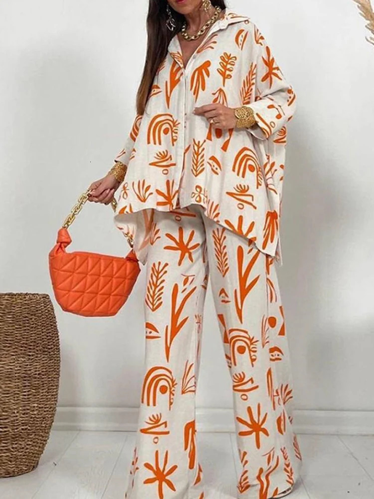 Autumn Wide Leg Pants Two Piece Sets Outfits Womens Spring Long Sleeve Button Down Shirt Suit Casual 2pcs Set For Female 240807
