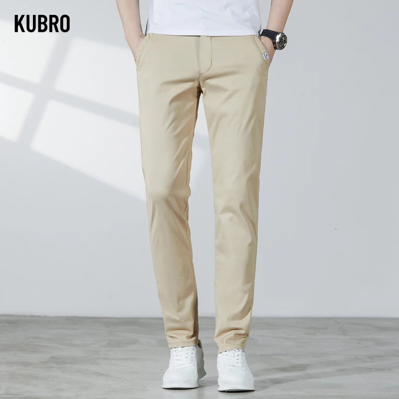 KUBRO Summer Thin Soft Cotton Solid Washed Trousers Harajuku Fashion Mens Slim Small Straight Office Business Casual Pants 240806