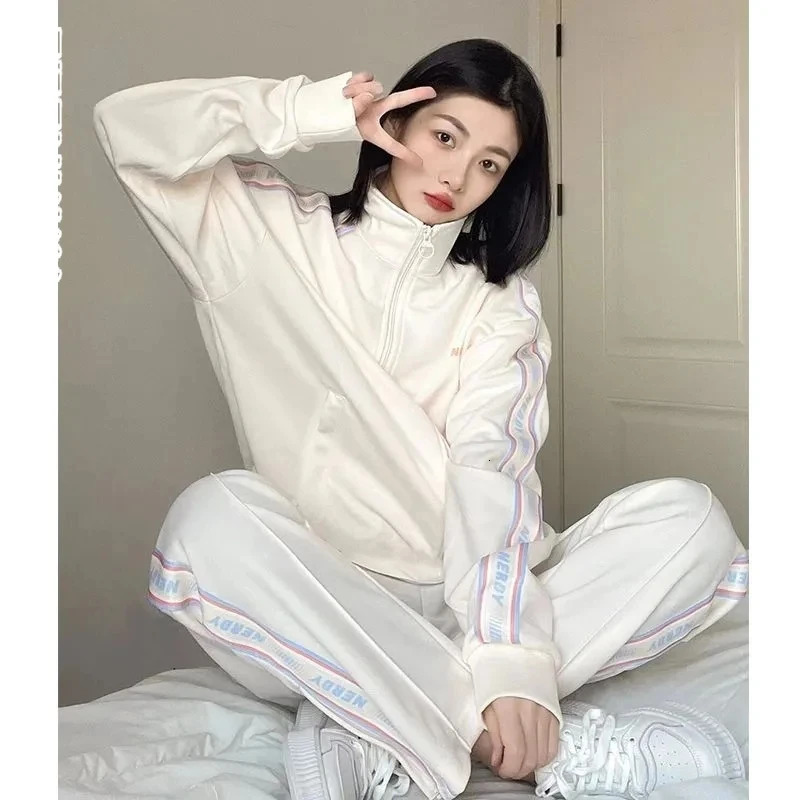 Korean Casual Sports Set Women Harajuku Zipper Cardigan Jacketbaggy Wide Leg Pants Spring Autumn 2pcs Sets Fashion Tracksuit 240807