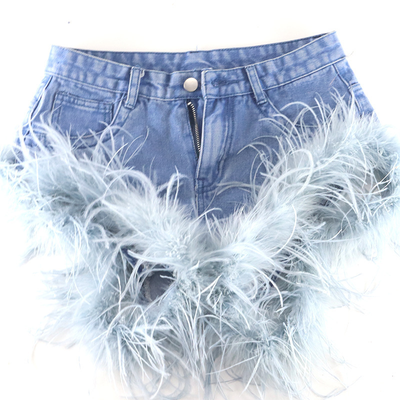 Denim straight for women's summer new sexy shorts with patchwork fur hot pants