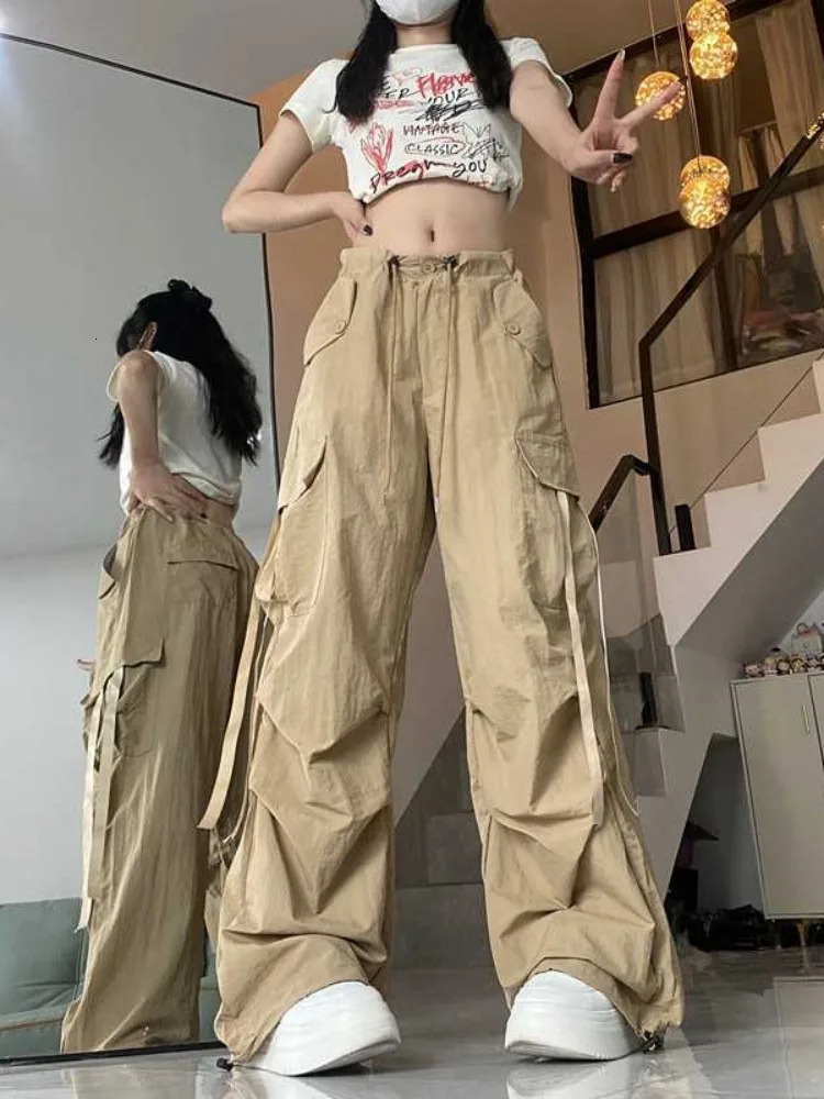 Deeptown Vintage Cargo Women American Retro Fashion Y2k Casual High Street Solid Loose Wide Leg Pants Summer Z260314