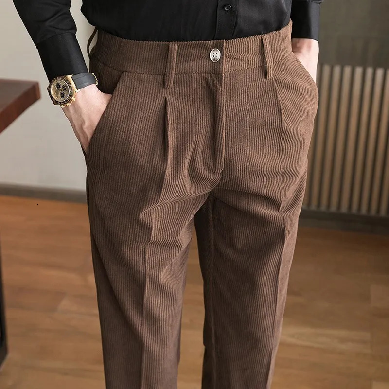 Men Corduroy Elasticity Solid Casual Pencil Pants Autumn Winter Fashion Regular Business Straight Suit Trousers Brown Blue Khaki 240806