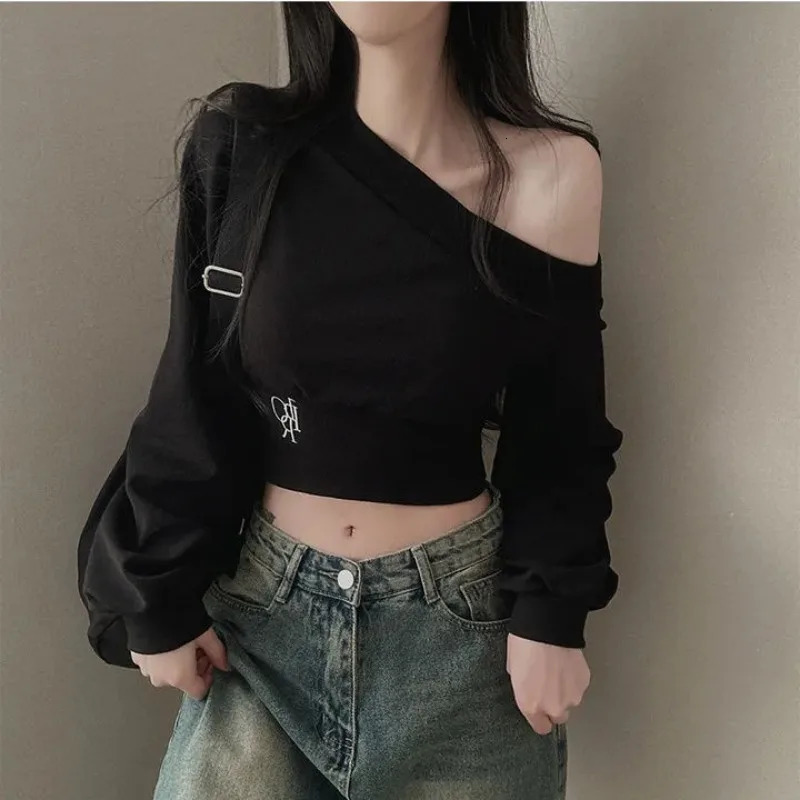 Sexy Slash Neck Off Shoulder Hoodies High Waist Long Sleeve Y2k Streetwear Slim Pullovers Crop Tops Sweatshirts Korean Women 240807
