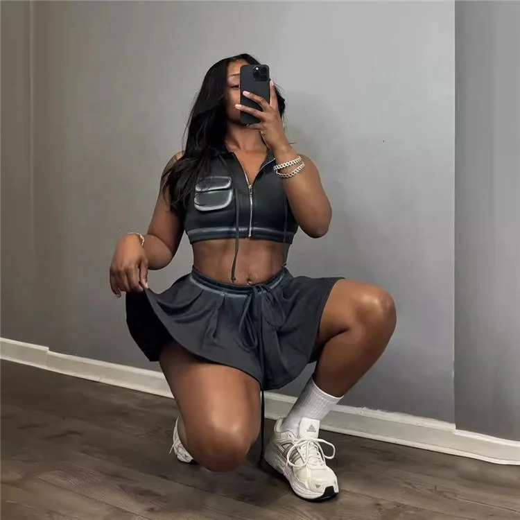 Sporty Casual Two Piece Set for Women Zip Up Tank Top and Mini Skirt Sets 240806