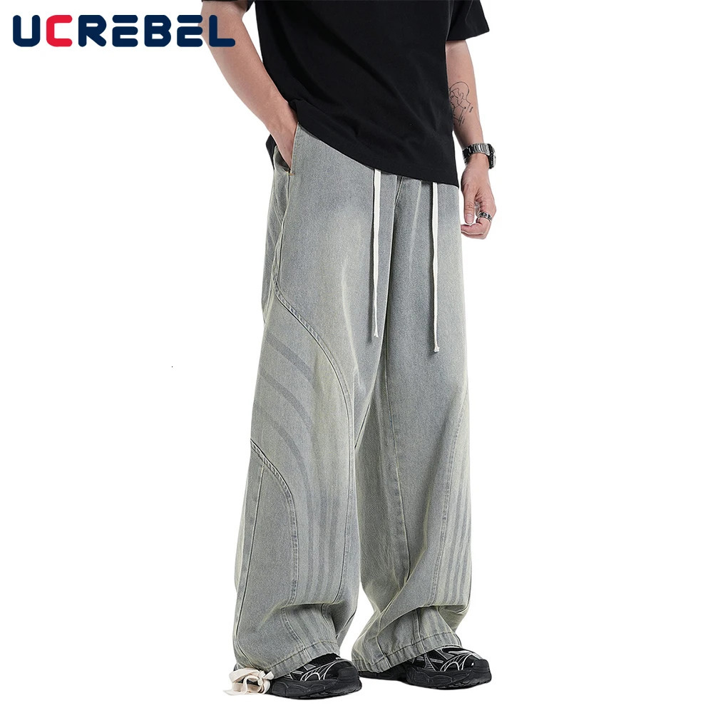 Spliced Wide Leg Jeans Mens High Street Washed Distressed Loose Denim Drawstring Jogger Pants Men 240806