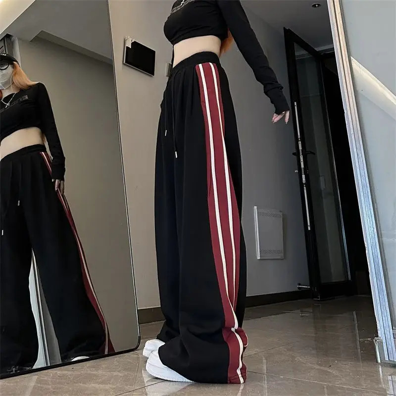 Summer High Street American Casual Pants Women Korean Version Loose Fitting Stripe Print Drawstring Patchwork Pockets Trousers 240807