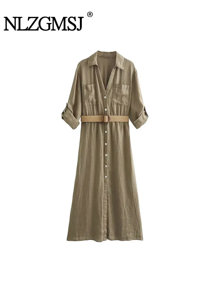 Nlzgmsj TRAF Khaki Shirt Midi Dress Woman Belt Button Long Dress Women Office Dresses for Women Turn Up Sleeve Casual Dress 240807