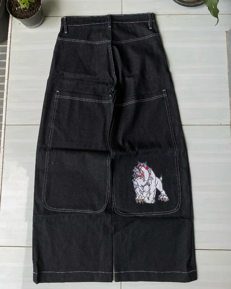 Y2K JNCO high quality Embroidered Hip Hop baggy jeans Tribal Jeans Gothic Streetwear Haruku Black Pants Waist Wide Leg Trouser 240806
