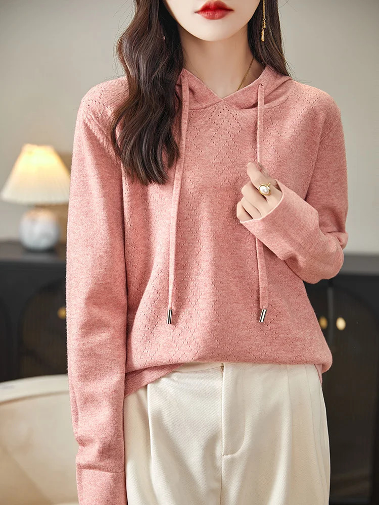 Australian Wool Pullover Hoodie O-Neck Solid Color Knitwear Hoodie Long Sleeved Knit Sweater Women Fashion Leisure Style Top 240807