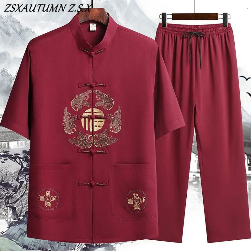 Modern Tang Suit Mens Embroidery Summer Chinese Style Short-sleeved Trousers Suit Casual Breathable Vintage Men Two-piece Set 240813