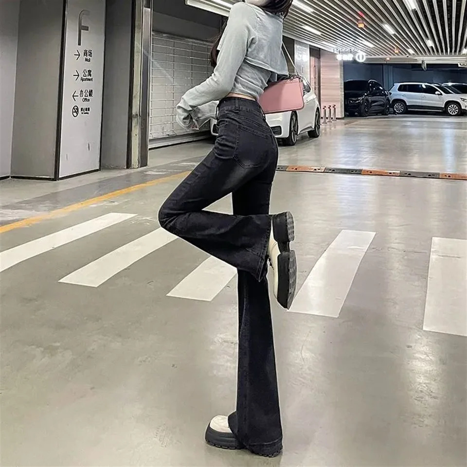 Fashion Skinny Bell Bottom High Waist Gray Denim Pants Women Flare Stretch Moustache Jeans Lady Classic Y2K Punk Long Trousers 240807