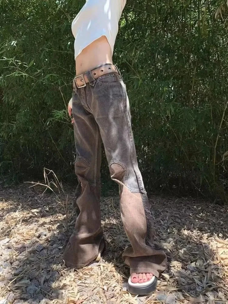 Y2k Grunge Punk Denim Wide Leg Pants Women Heavy Washed Brown Straight Trousers Autumn Vintage High Waist 240807