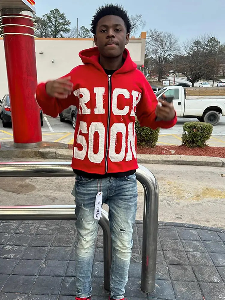 Street Rich Soon Printed Hoodie For Male Trendy Y2k Long Sleeve Zip Up Hooded Sweatshirt 2024 Autumn Pocket Loose Hoodies Jacket 240821