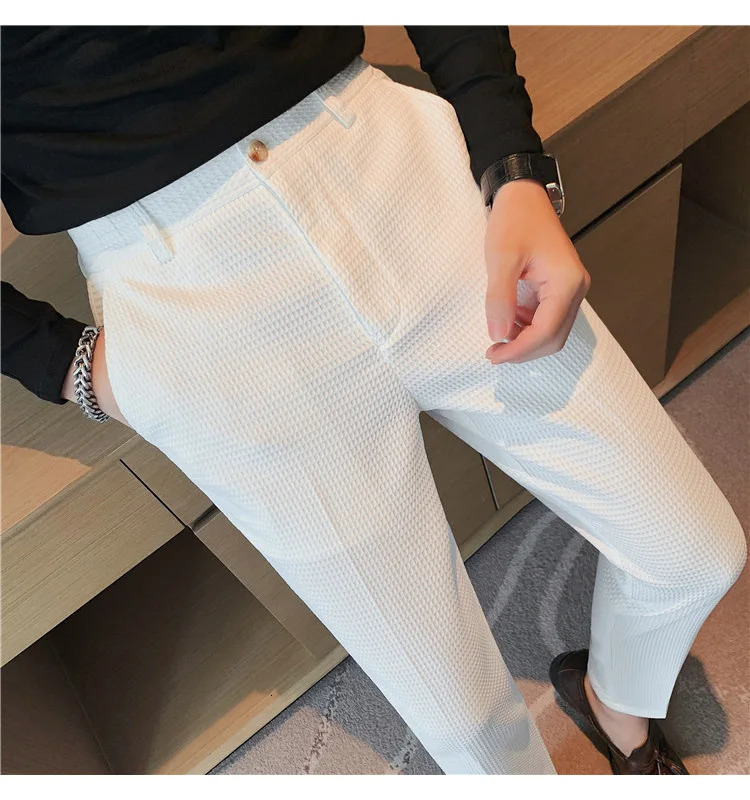 Fashion Business Casual Mens Pants Cropped Waffle Pattern Trend Spring Summer Trousers Dark Green White 2838 240806
